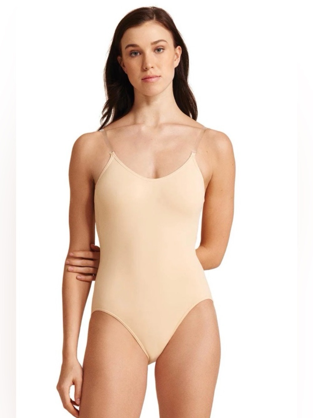 Capezio Beige Seamless Dance Bodysuit with Clear Straps Size L Balletcore NWOT